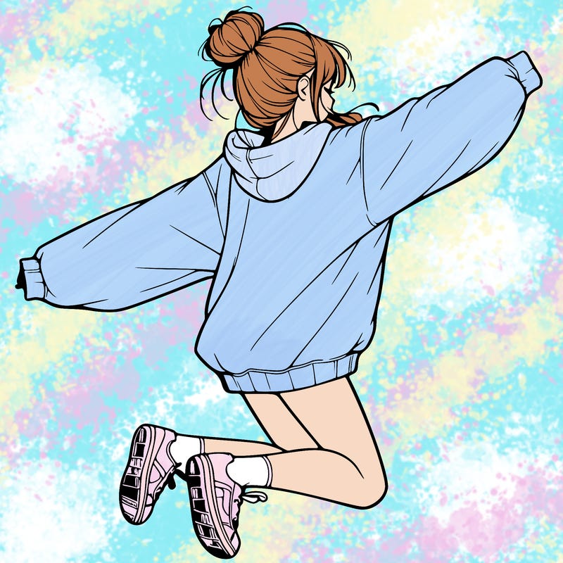 realistic girl jumping with a bun and oversized sweatshirt