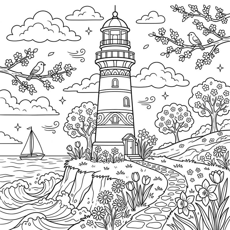 Embrace the fresh beauty of spring with this enchanting coloring page, showcasing a majestic lighthouse standing proudly amidst a vibrant coastal landscape. Delight in coloring blooming flowers, serene ocean waves, and cheerful birds as you capture the essence of a perfect spring day.