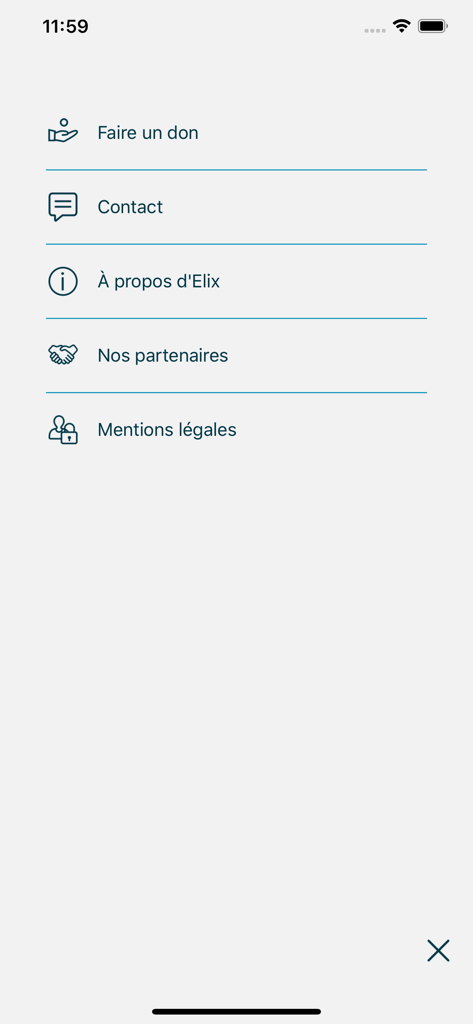 Elix - Le menu de navigation de l'application Elix affichant des liens pour les dons, les informations de contact, à propos de l'application, les partenaires et les mentions légales