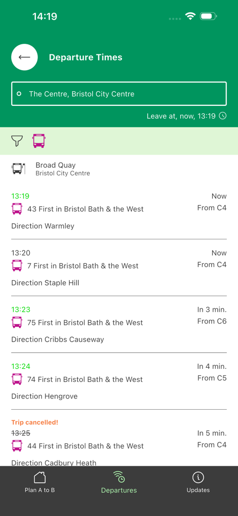Traveline South West app screen displaying real-time bus departures and cancellations in Bristol City Centre.