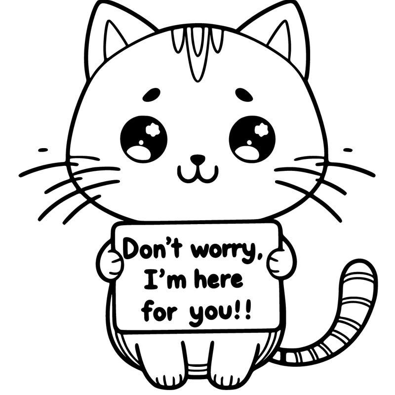 cute cat holding i sign that says don’t worry, i’m here for you!