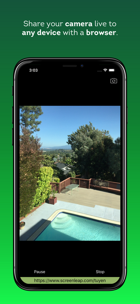 Screen and Camera Sharing - Interface do aplicativo ScreenLeap mostrando um compartilhamento de câmera ao vivo de uma piscina nos fundos para um navegador web