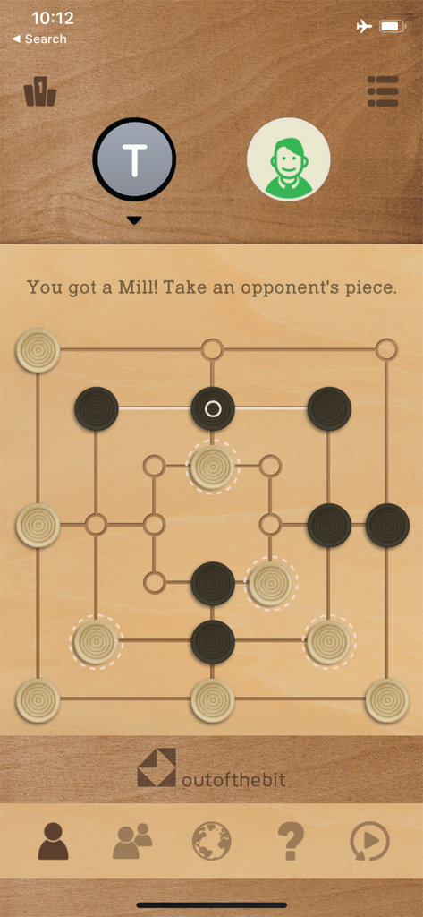 Gameplay screen of The Mill board game showing pieces on a wooden texture board with a notification about making a mill.