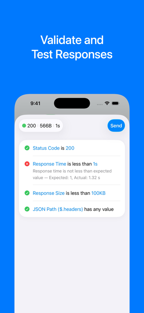 Mobile interface showing API response validation and test results in HTTPBot