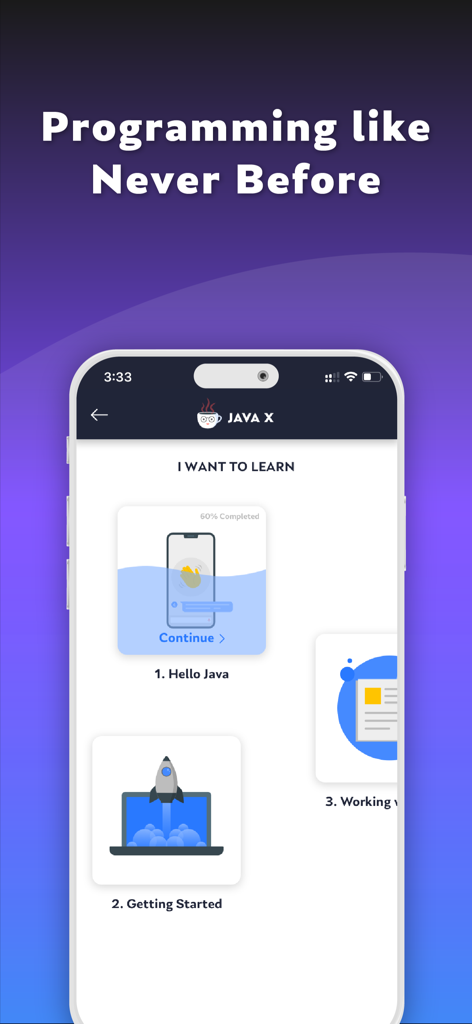 Coding X app interface showing Java programming lessons and progress
