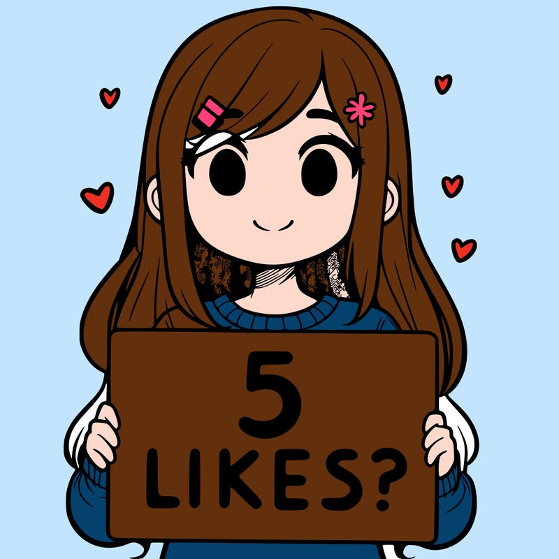 girl holding a sign that says 5 likes?