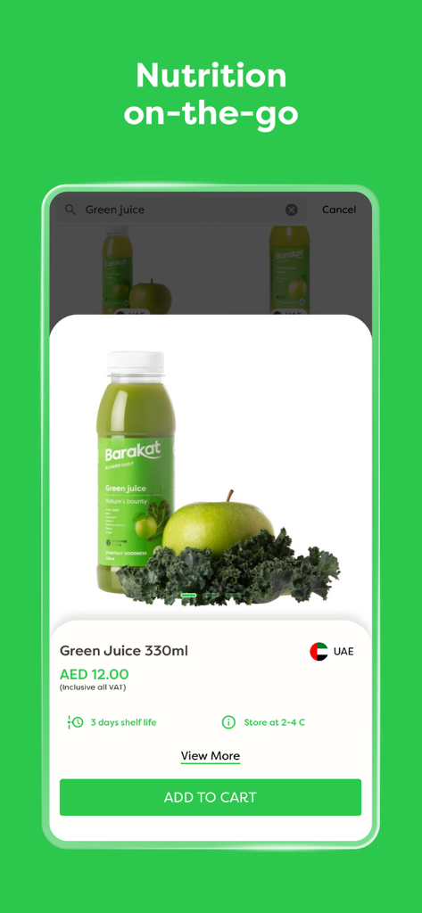 Barakat: Grocery Home Delivery - Pantalla de la aplicación móvil Barakat mostrando un producto de zumo verde fresco de 330 ml con precio y botón de añadir al carrito