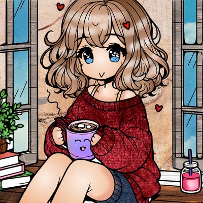 cute anime girl reading book and drinking hot chocolate from mug with loose wavy hair wearing a baggy sweatshirt and shorts sitting by windowsill looking out