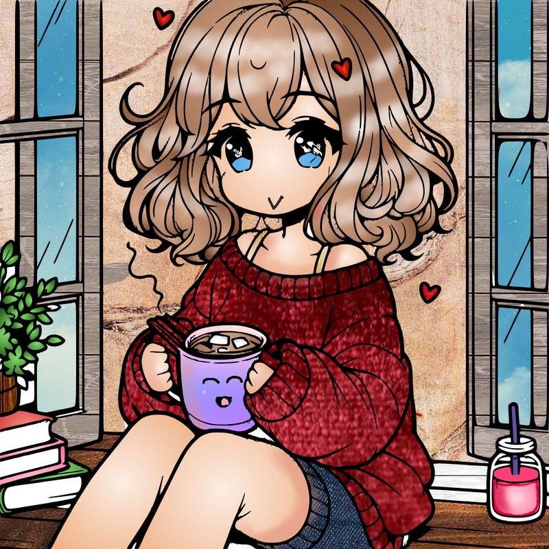 cute anime girl reading book and drinking hot chocolate from mug with loose wavy hair wearing a baggy sweatshirt and shorts sitting by windowsill looking out