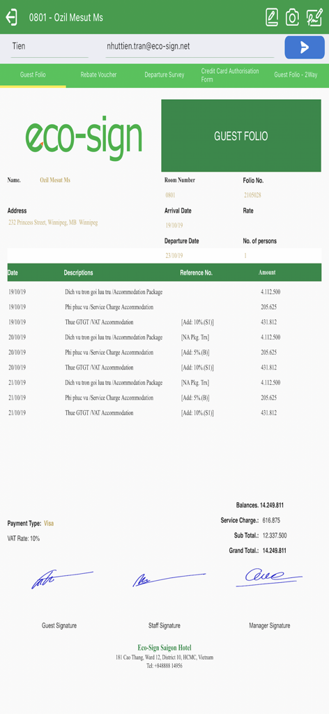 Eco-Sign Series 2 - Digital hotel guest folio interface showing itemized billing and electronic signature fields for guests and staff