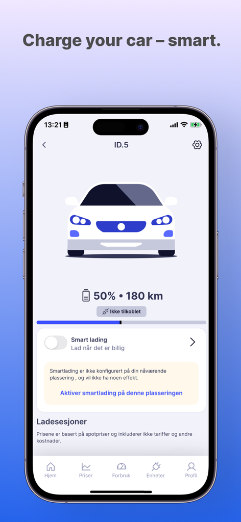 Interfaz de la aplicación Elekt que muestra el estado de carga inteligente del vehículo eléctrico y la autonomía de la batería para un coche ID.5.