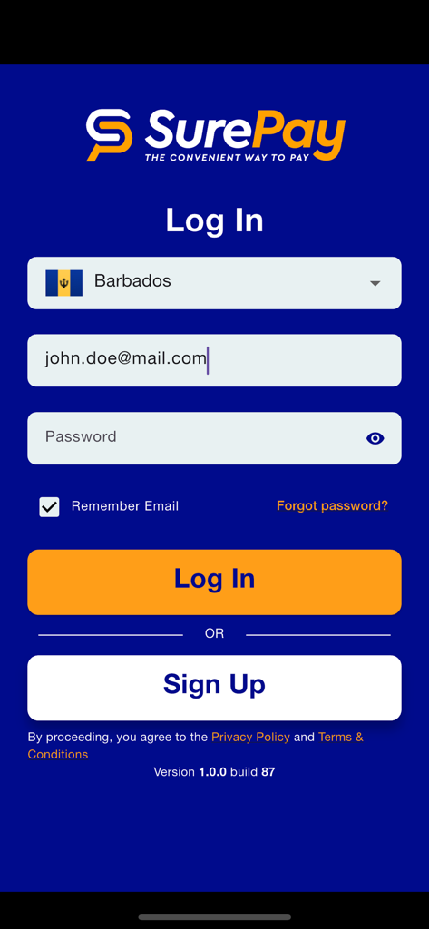 SurePay Mobile app login screen featuring country selection and email login fields
