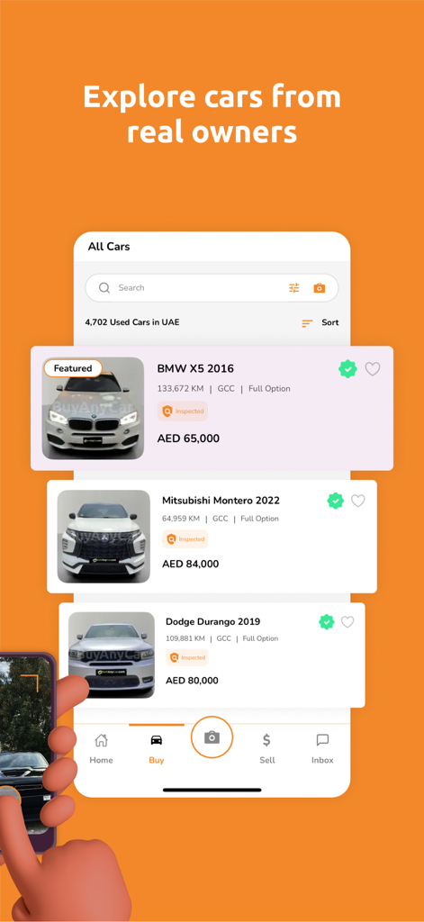 BuyAnyCar - Interface of BuyAnyCar app displaying pre-owned car listings from real owners in the UAE