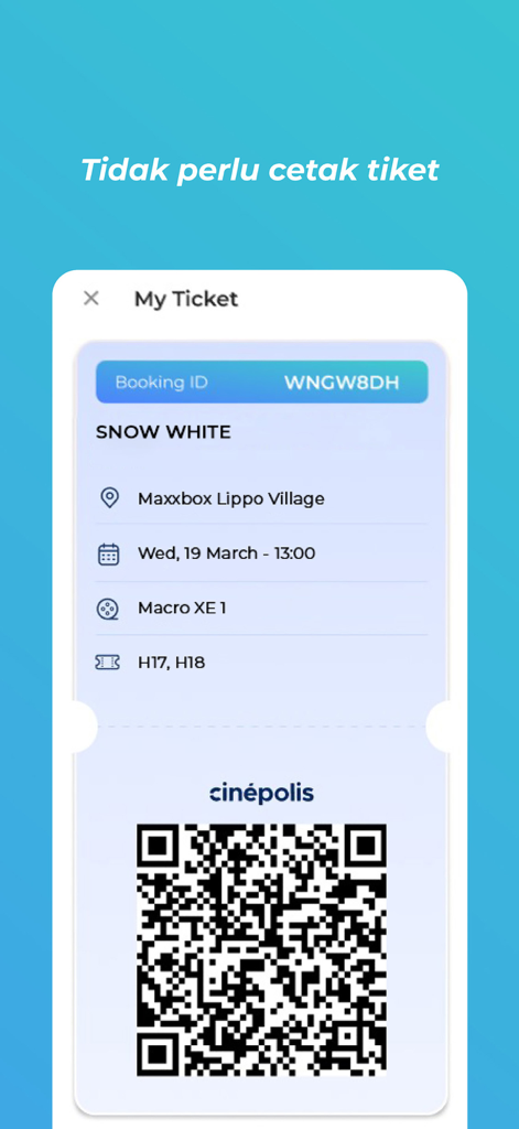 Ingresso de cinema digital com código QR para check-in sem papel no aplicativo Cinépolis Cinemas Indonésia.