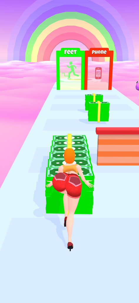 Twerk Master - A 3D character in Twerk Master running on a platform to collect cash stacks with choice gates and a rainbow background