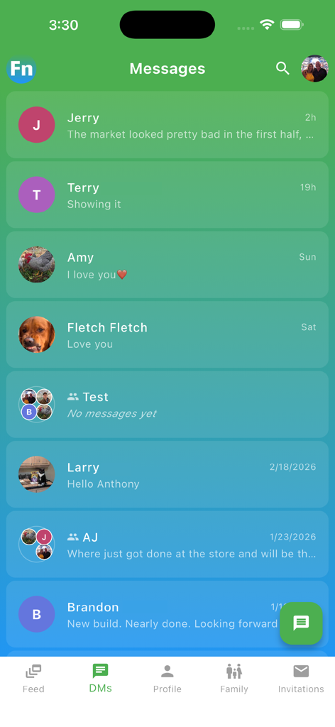 A screenshot of the InFamilyNest app showing the messages screen with active family chat conversations.