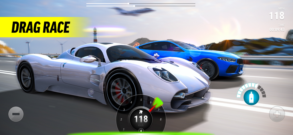 Race Max Pro - Car Racing Game - Un superdeportivo Pagani blanco y un coche deportivo azul compitiendo en una carrera de arrastre a alta velocidad en una carretera costera en Race Max Pro.