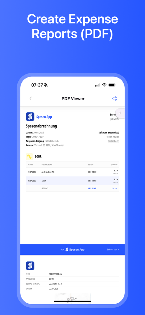 Easy Travel Expenses - Smartphone-Bildschirm, der einen generierten PDF-Spesenbericht aus der Easy Travel Expenses App anzeigt