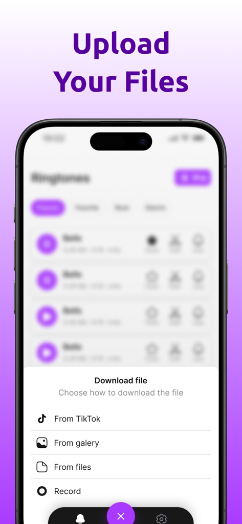 Ringtone Maker & Custom Tones - Interface showing options to import sound from TikTok gallery files or recording to create custom ringtones