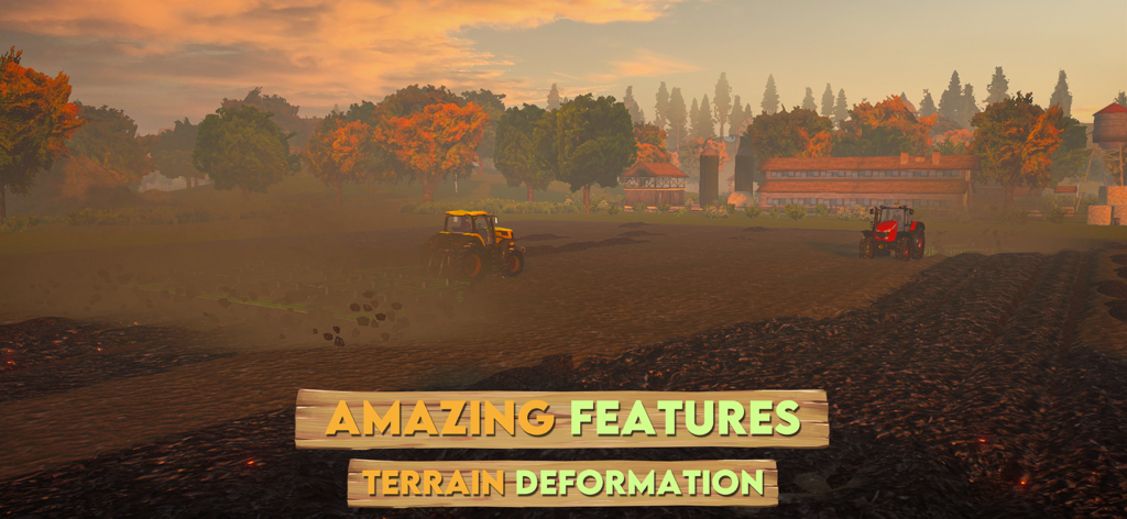 Farm Sim 2024 - A yellow tractor plowing a field in Farm Sim 2024 showcasing realistic terrain deformation.