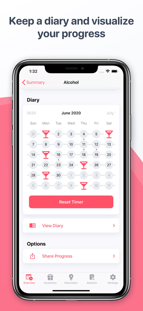 Quitzilla app interface showing a monthly diary calendar for tracking alcohol consumption and progress visualization.