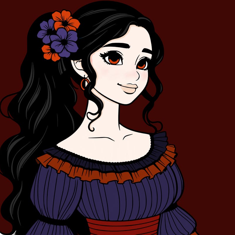 a single latina woman with a side ponytail and a long dress with ruffles. she has a few discreet flowers in her hair. realistic