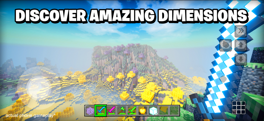 Build World: Sandbox Survival - First person gameplay showing a glowing blue sword and a colorful voxel landscape with the text Discover Amazing Dimensions.