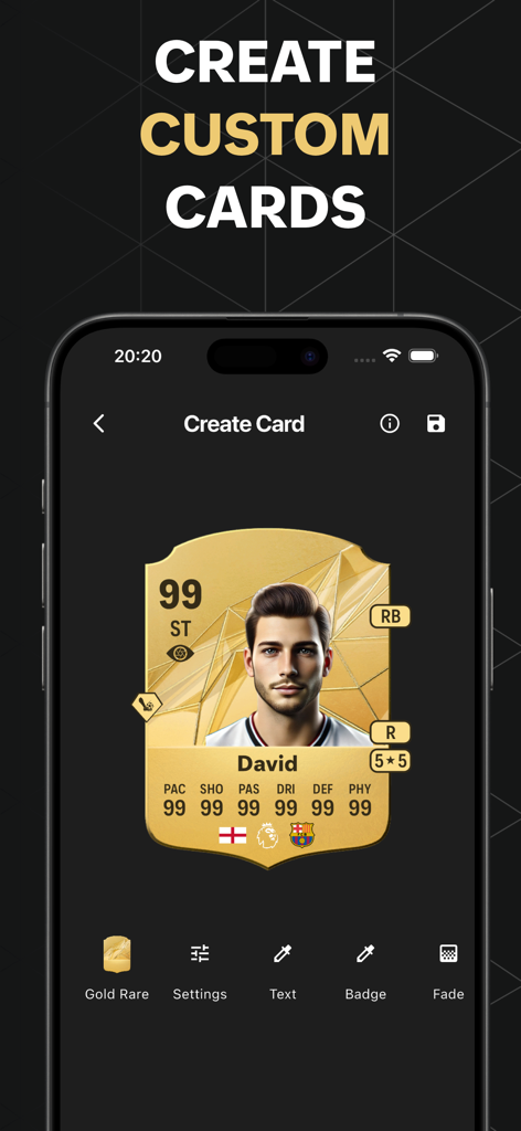 FUT Cards: FC Card Creator - A mobile app screen showing the interface for creating a custom gold football card with a 99 overall rating for a player named David.