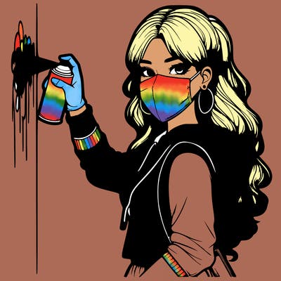 realistic girl with mask spray painting a wall