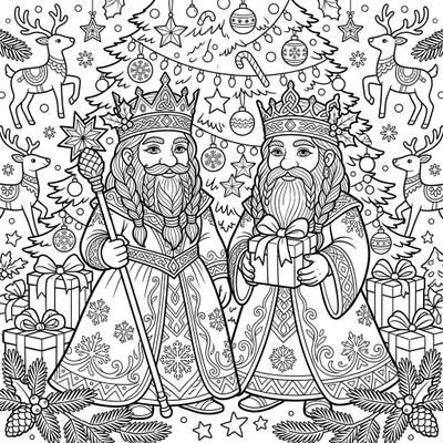 Step into a festive fantasy world with this enchanting coloring page featuring regal Dwarf Queens celebrating Christmas. Adorned in intricate robes and crowns, they bring holiday cheer amidst a backdrop of decorated trees and gifts.