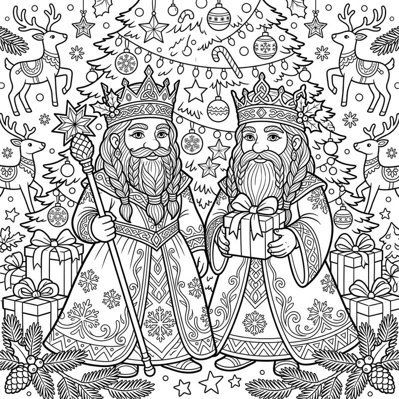 Step into a festive fantasy world with this enchanting coloring page featuring regal Dwarf Queens celebrating Christmas. Adorned in intricate robes and crowns, they bring holiday cheer amidst a backdrop of decorated trees and gifts.