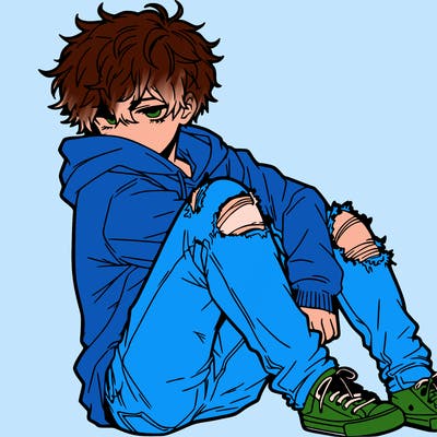 a male hoddie ripped jeans messy hair anime