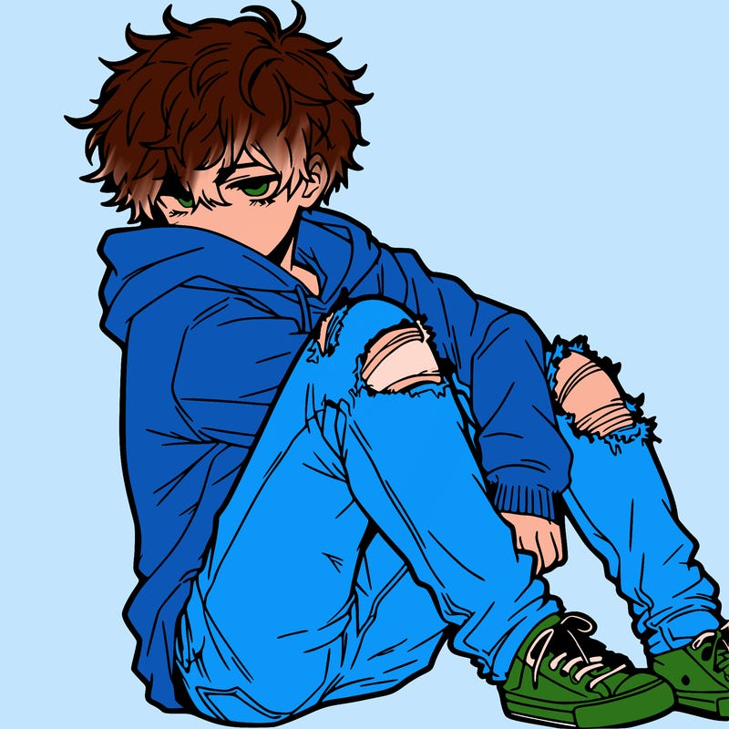 a male hoddie ripped jeans messy hair anime