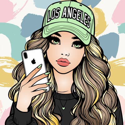 realistic beautiful girl wearing los ángeles cap holding an iphone