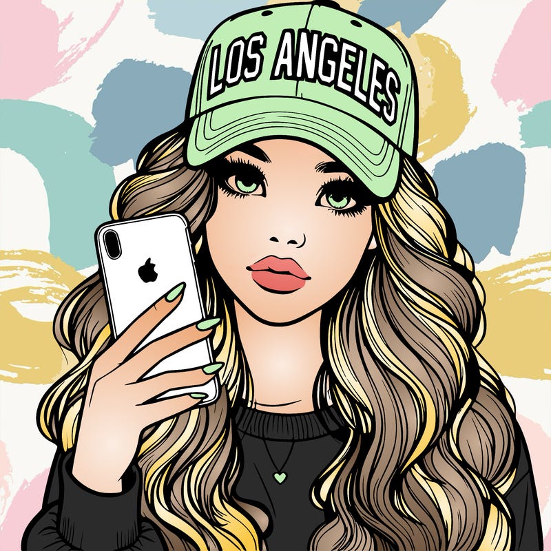 realistic beautiful girl wearing los ángeles cap holding an iphone