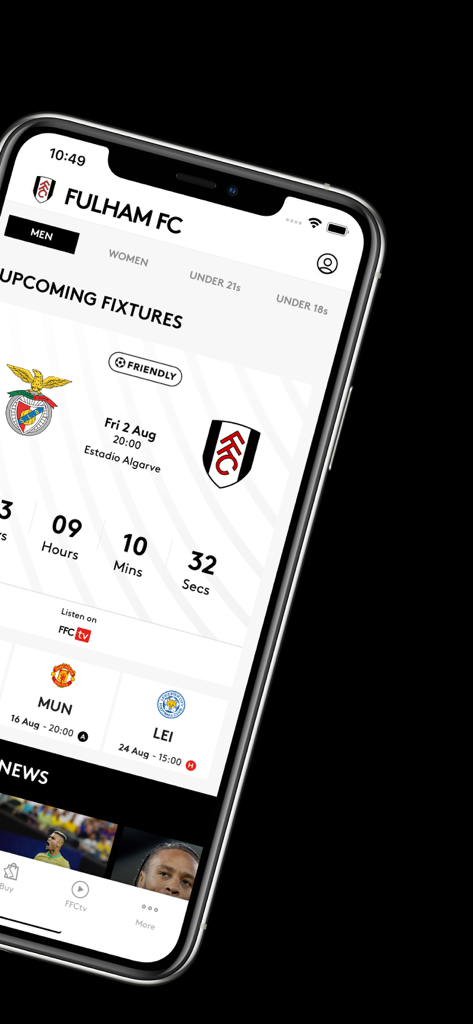 Official Fulham FC App showing upcoming fixtures and match countdown on a smartphone