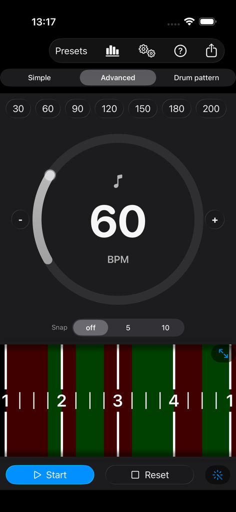 Perfect Timing - Perfect Timing app interface showing advanced metronome mode set to 60 BPM with a rhythm visualizer
