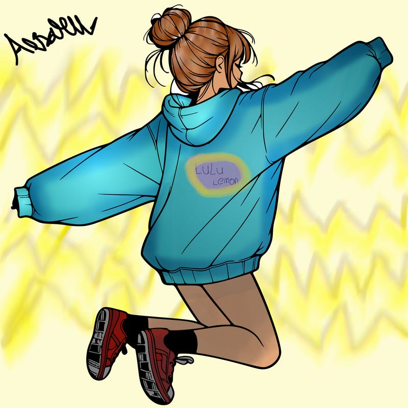 realistic girl jumping with a bun and oversized sweatshirt
