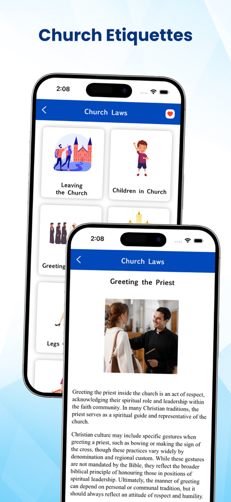 Latin Vulgate Bible app screen showing church etiquette and laws for greeting a priest.