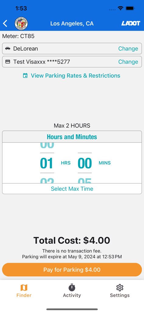 Schermata dell'app Park Smarter che mostra un pagamento di quattro dollari per un'ora di parcheggio a Los Angeles