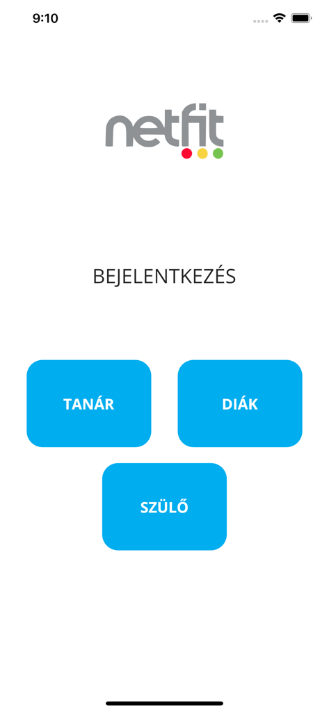 NETFIT - NETFIT app login screen with selection buttons for teacher student and parent