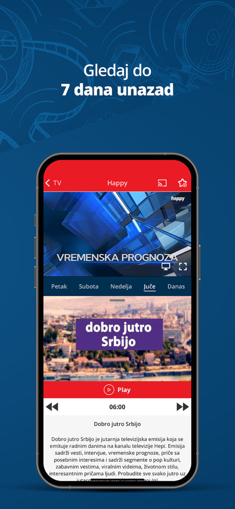 MTEL TV - Ein Screenshot der MTEL TV App Benutzeroberfläche, der die 7-Tage-Catch-up-Funktion und eine serbische Morgennachrichtensendung zeigt.