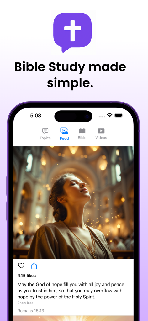 Genesis: Bible Chat - Captura de tela do aplicativo Gênesis: Bíblia Chat mostrando um feed diário de escrituras com uma imagem inspiradora e o versículo Romanos 15:13.
