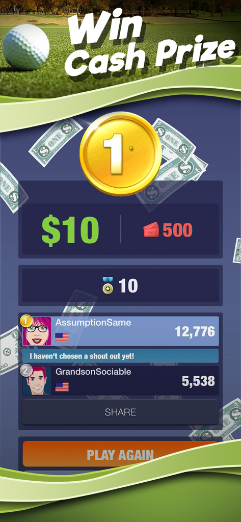 Pantalla de ganador de Golf Blitz 3D que muestra un premio en efectivo de diez dólares y la clasificación del torneo.