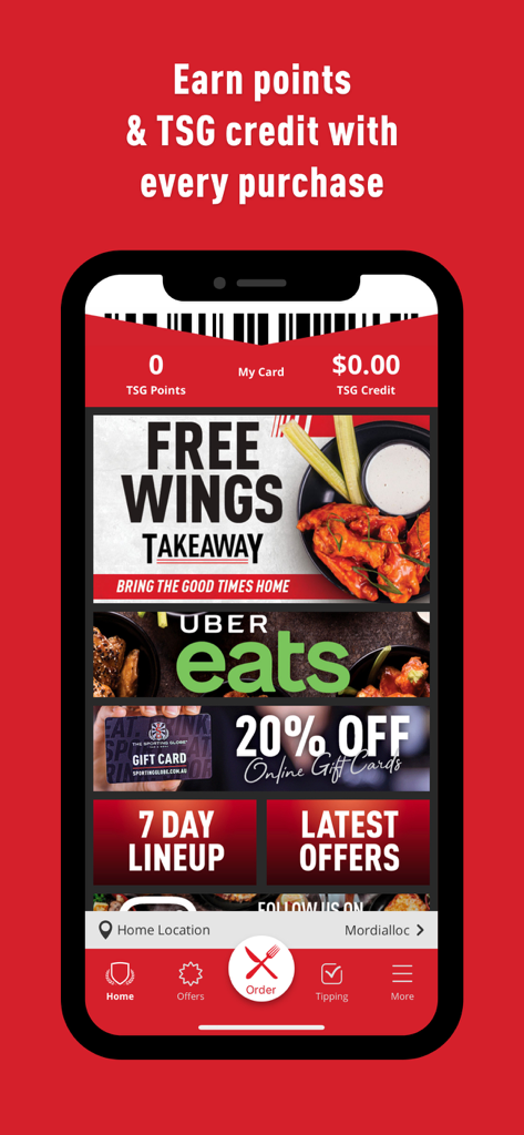 Sporting Globe - Smartphone display of the Sporting Globe app showing loyalty points credit balance and promotional offers for wings and gift cards