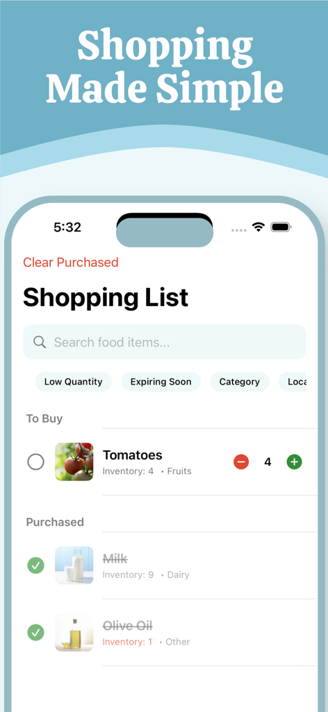 Food Stock - Grocery List - Mobile interface of Food Stock app showing a organized grocery list with items to buy and purchased categories