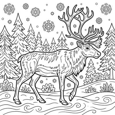 Discover the beauty of the wild with this captivating caribou coloring page, featuring a majestic animal amidst a serene winter forest. This intricate line art invites you to bring a piece of nature's grandeur to life with your favorite colors.