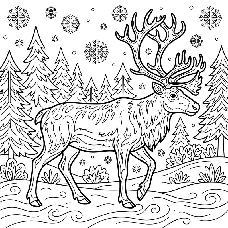 Discover the beauty of the wild with this captivating caribou coloring page, featuring a majestic animal amidst a serene winter forest. This intricate line art invites you to bring a piece of nature's grandeur to life with your favorite colors.