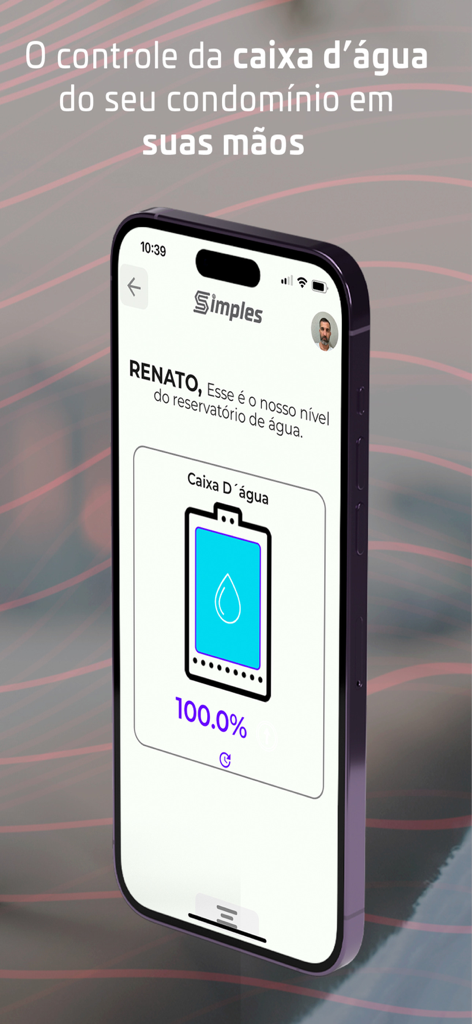 Simples Acesso - Simples Acesso app screen on an iPhone showing a water tank level indicator at one hundred percent