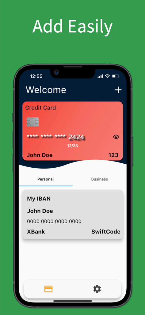 User interface of Card IBAN Wallet showing a red credit card and personal bank account details.